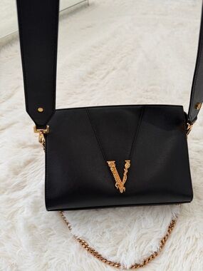Black Shoulder Bag with Gold V Accent